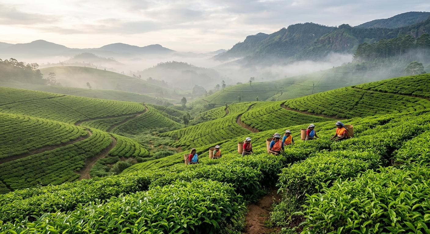 A scenic view of the tea-growing hills in the central highlands of Sri Lanka.