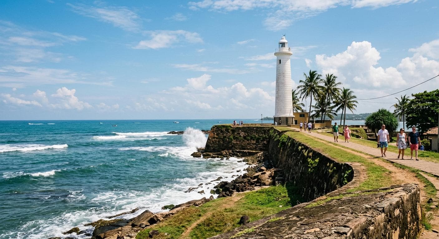 View of the historic lighthouse and sea walls in Galle Fort, Sri Lanka.