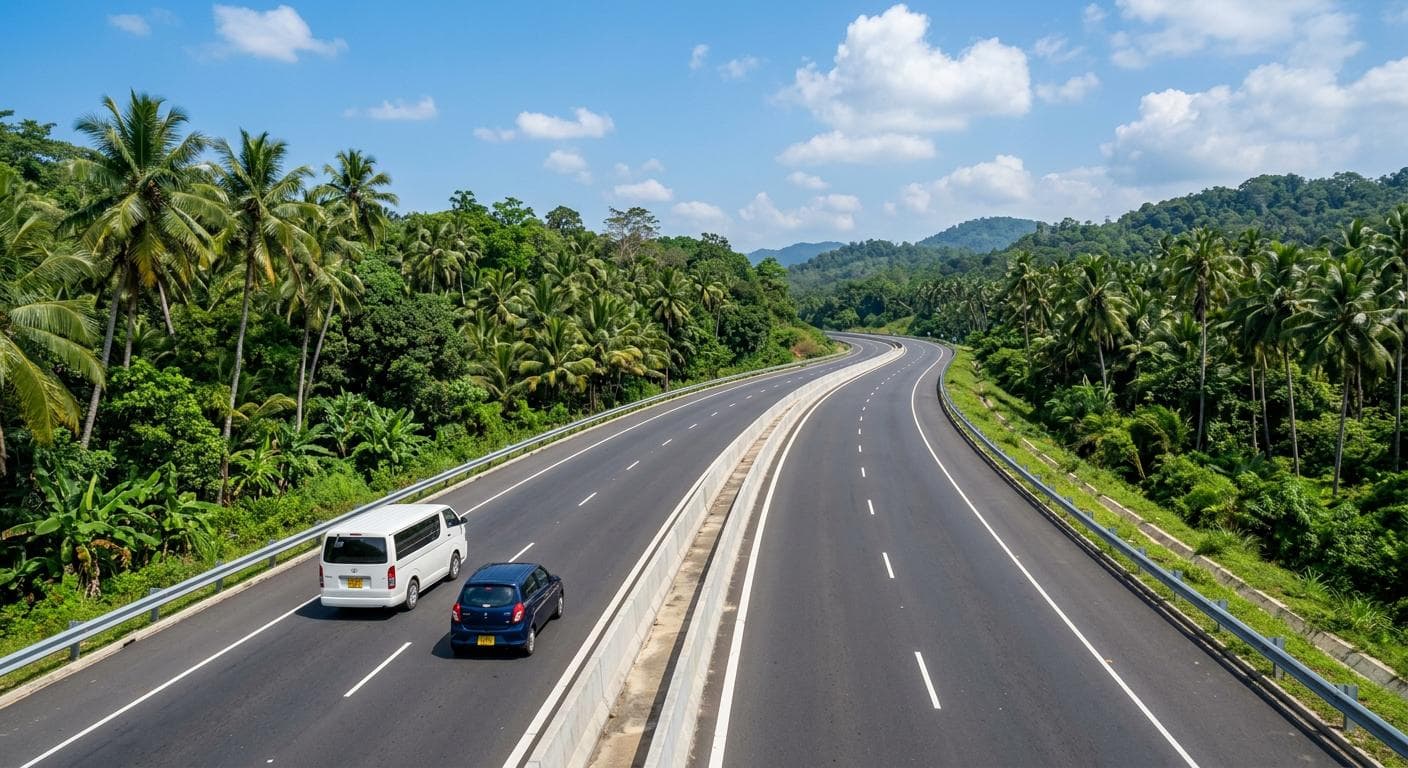 A private transfer vehicle driving on the Southern Expressway towards the south coast of Sri Lanka.