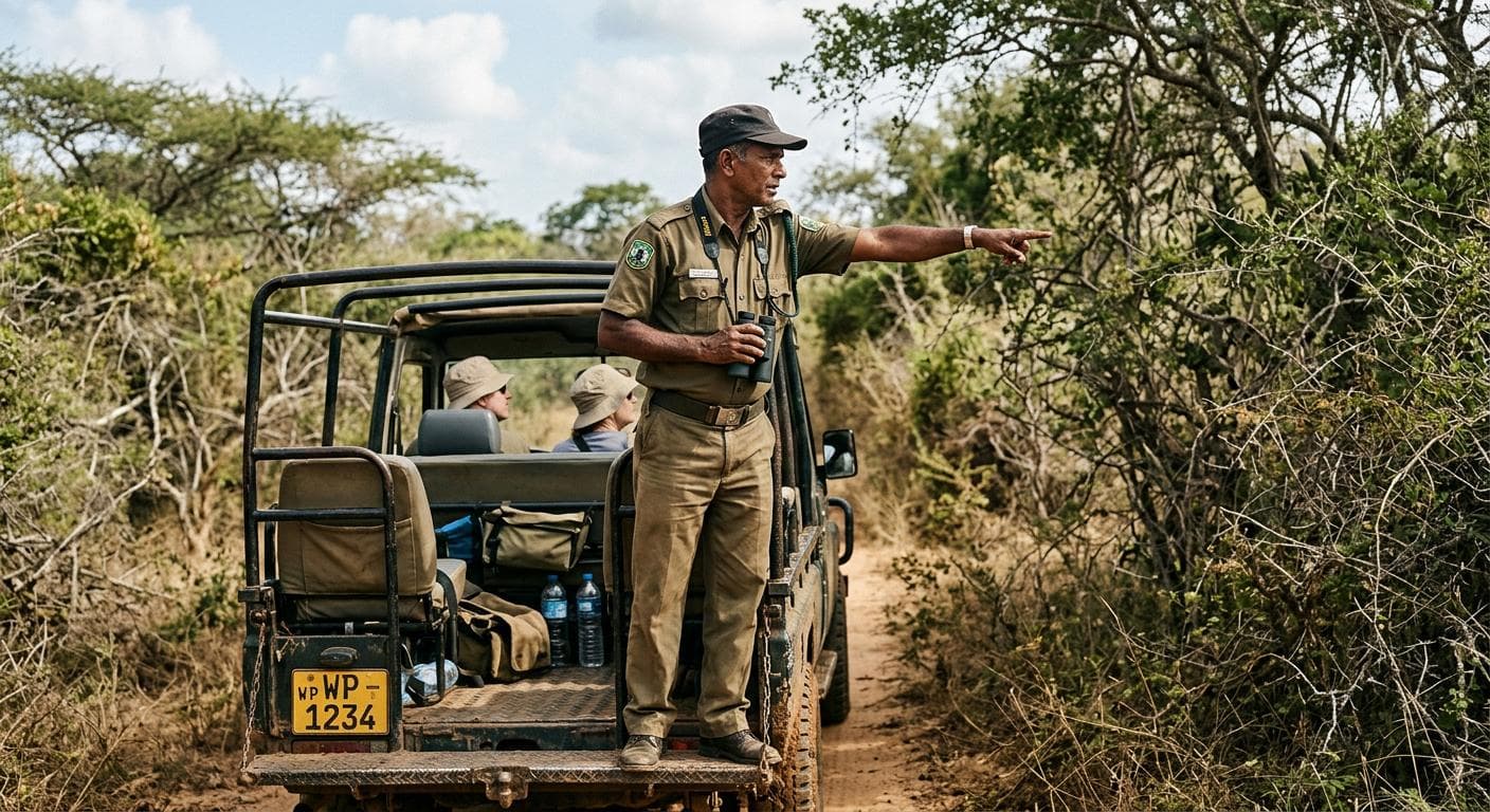 Safari jeep driving on a dirt track in Yala National Park, Sri Lanka. — photo 1
