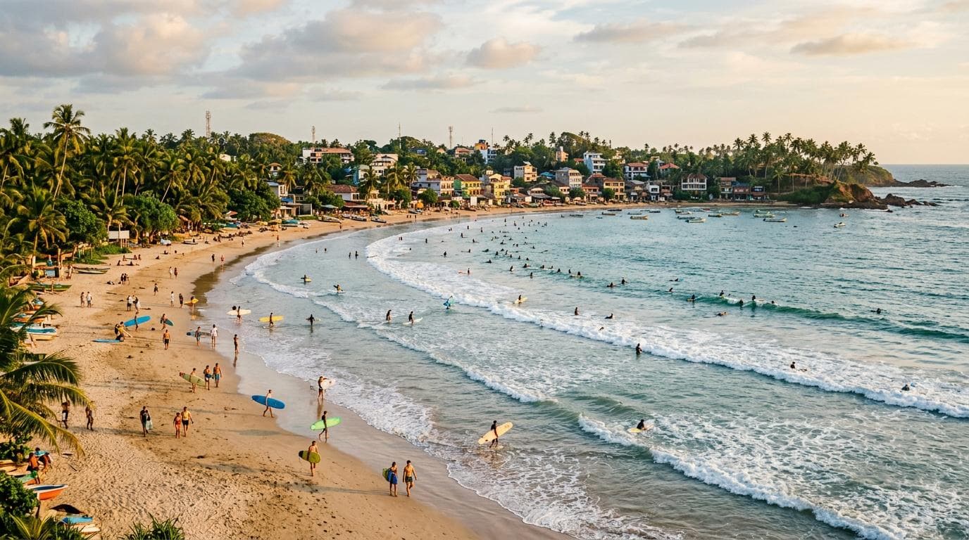 Aerial view of a horseshoe-shaped bay with surfers and tropical greenery in Hiriketiya, Sri Lanka.
