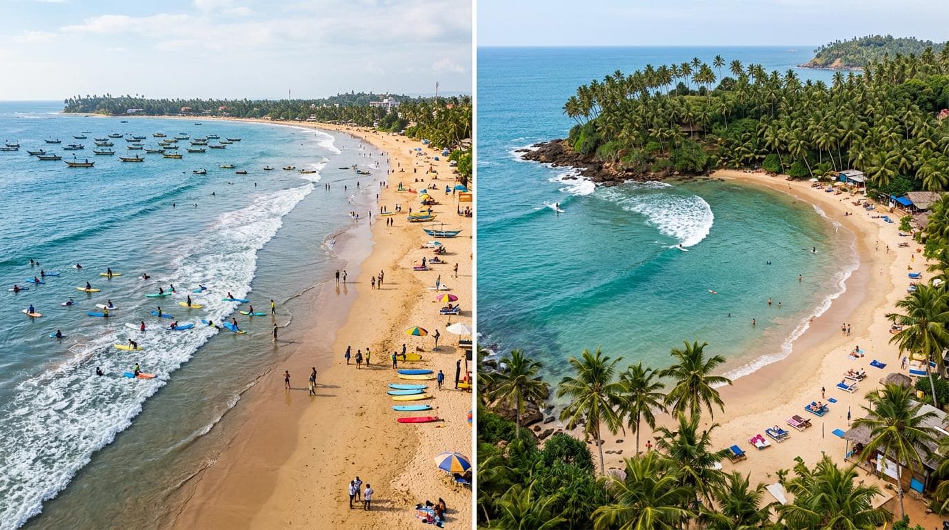 Surfers and palm trees at the curved horseshoe bay of Hiriketiya Beach, Sri Lanka.