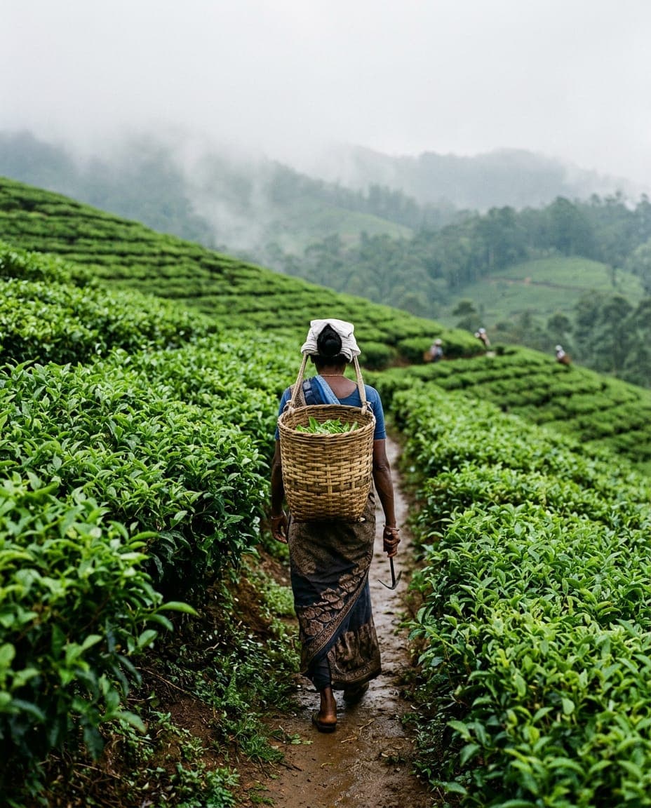 A Sri Lankan tea picker walking through a misty highland tea estate