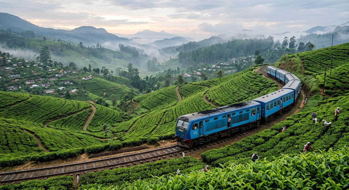 A blue train curving through emerald tea estates in Sri Lanka's hill country. A blue train curving through emerald tea estates in Sri Lanka's hill country.