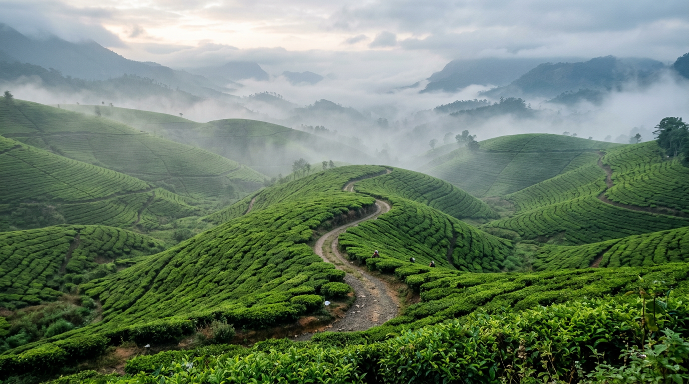 A scenic view of lush green tea plantations rolling over misty hills in Haputhale, Sri Lanka.