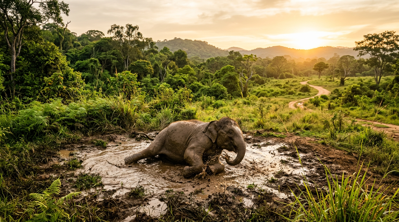 A baby elephant playfully rolling in a mud puddle in a Sri Lankan national park.