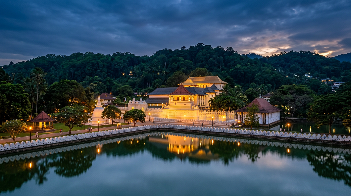 The Temple of the Sacred Tooth Relic illuminated at dusk in Kandy, Sri Lanka.